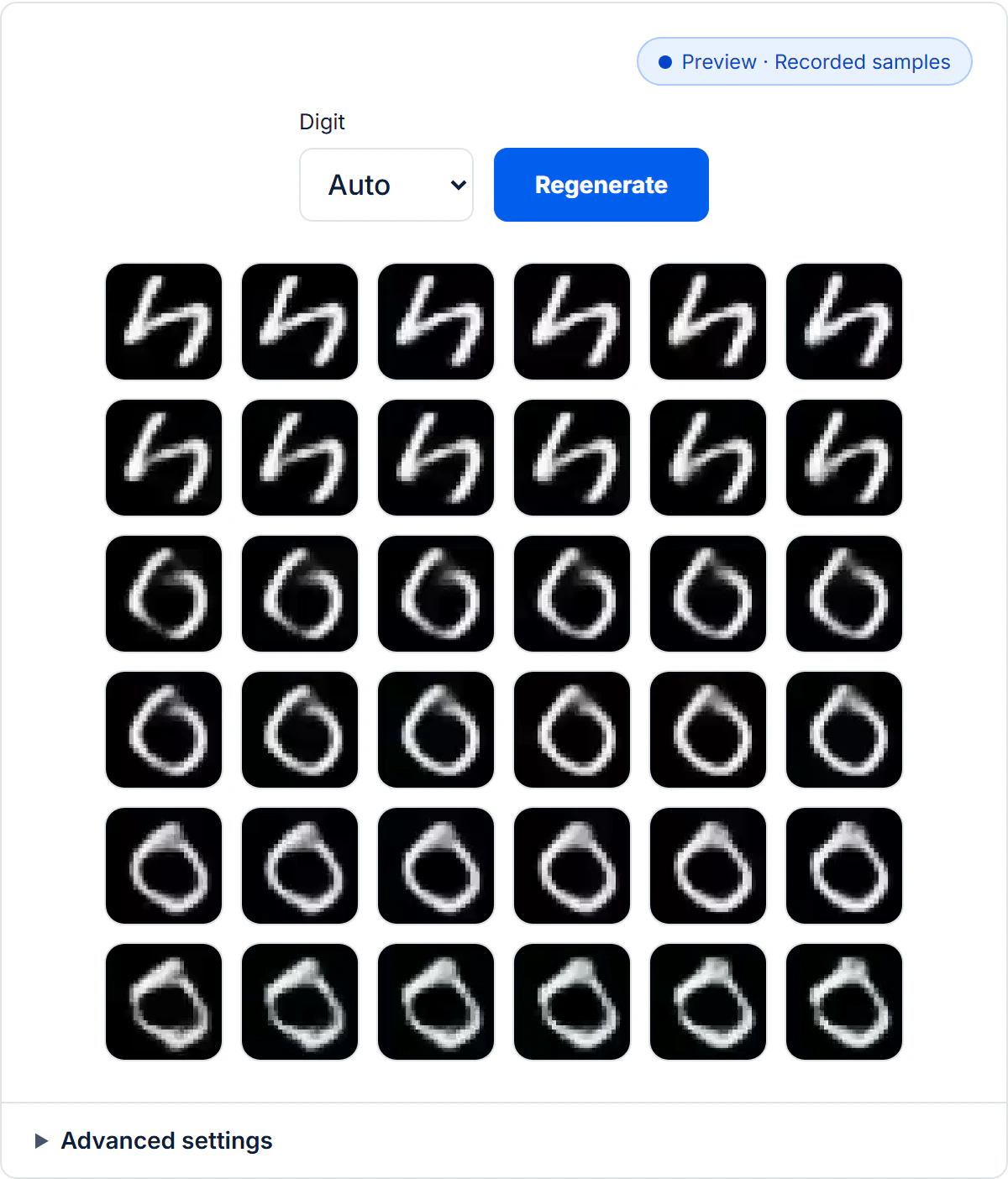Current Digit Generator workspace with Regenerate controls, a six-by-six grid of recorded digit samples, and advanced settings below.