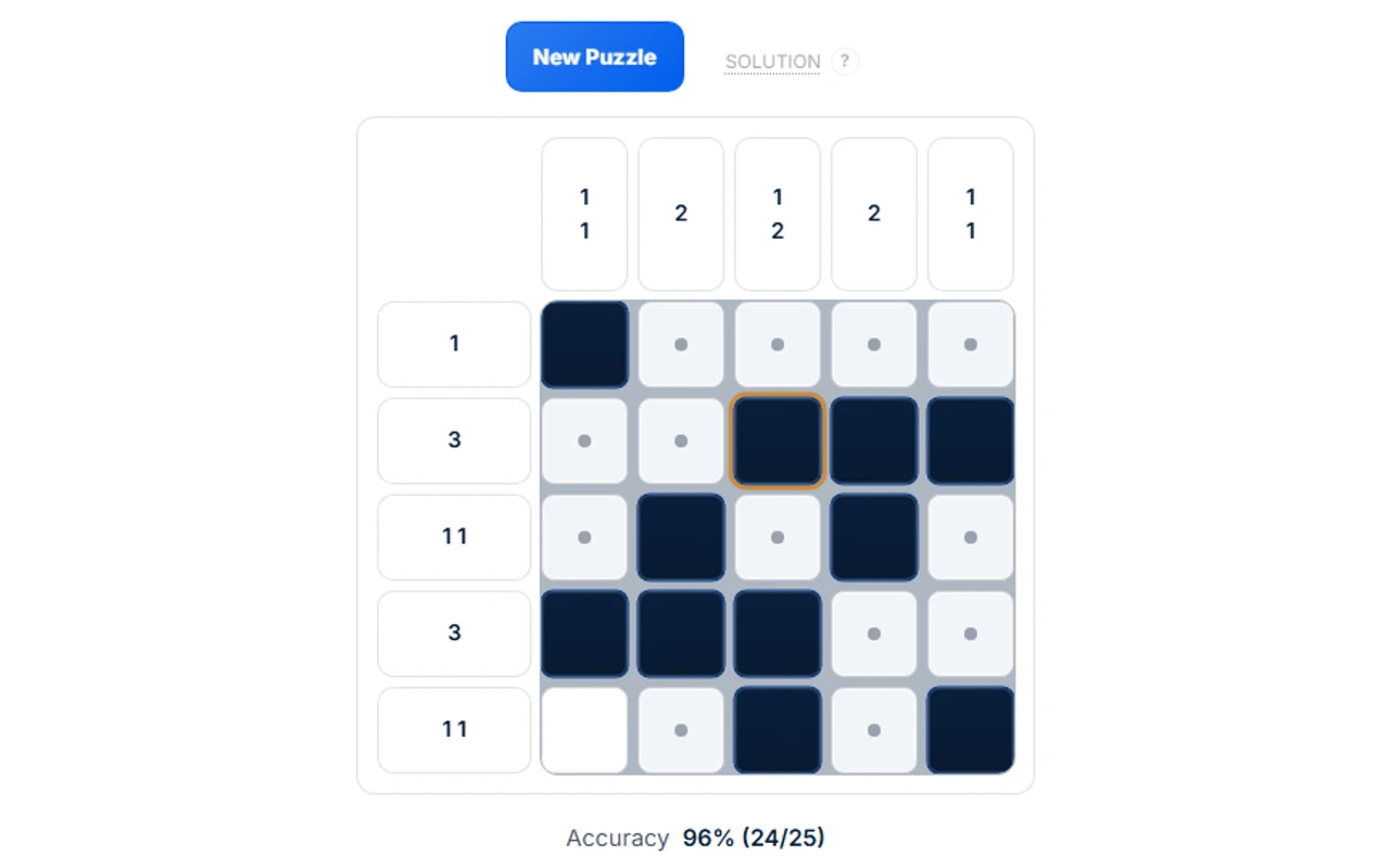 Nonogram Solver showing a completed five-by-five puzzle, its clues, and the solver accuracy.
