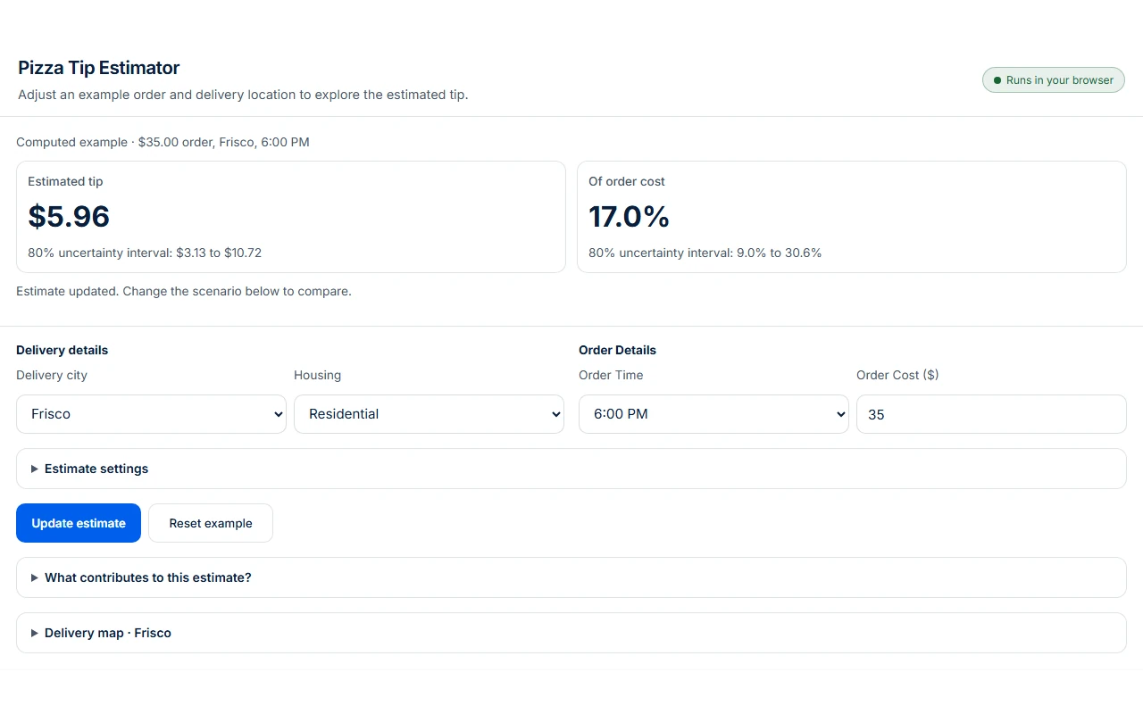 Pizza Tip Estimator showing an example order, estimated tip, and delivery controls.