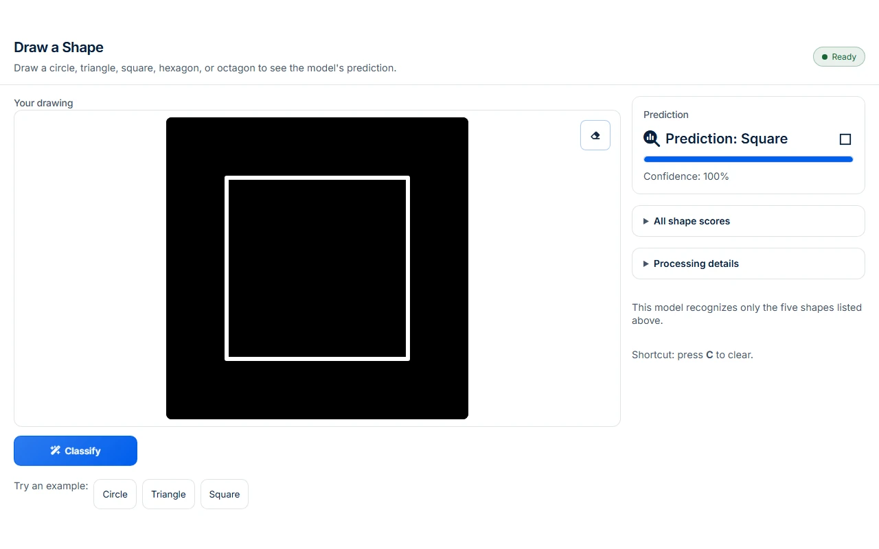 Shape Classifier with a drawn square and the model’s prediction.