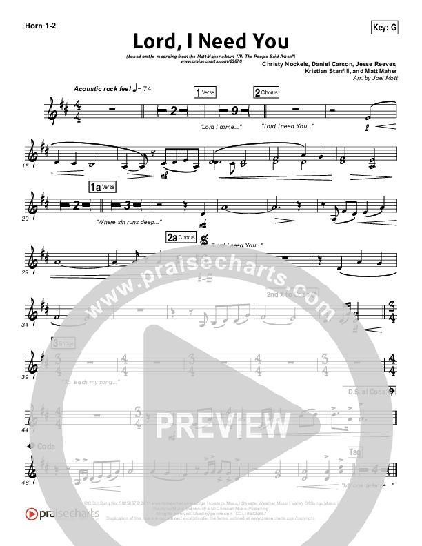 Original low-resolution horn sheet with a preview watermark over pitched notes.