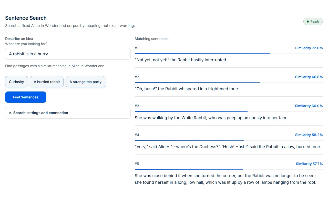 Sentence Search showing an example query and ranked matching passages from Alice in Wonderland.